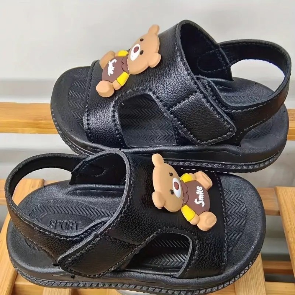 NIB Kids Black Teddy Bear Smile Sandals Hook Loop Closure Sz 7 Toddler - Picture 10 of 10